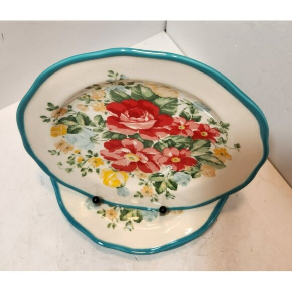 Pioneer Woman Vintage Floral Turquoise Edge Salad Plates 8.5 inch Set of 3 EUC - Picture 2 of 10
